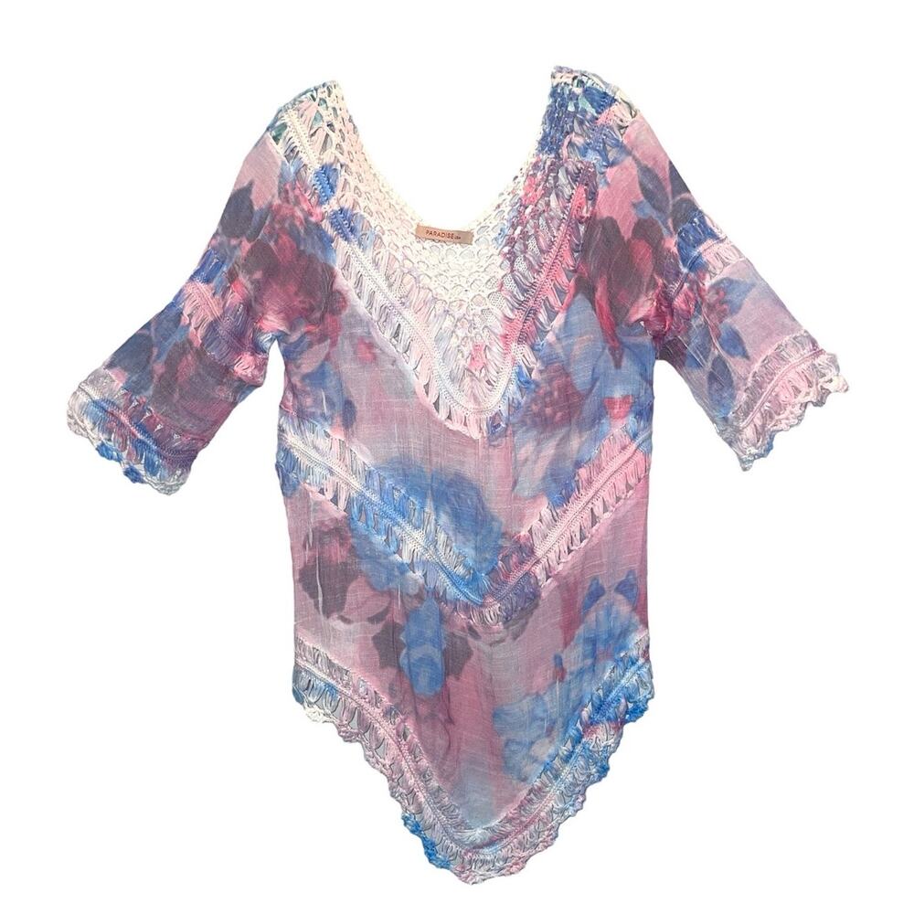Paradise V-Neck Pastel Tie-Dye Crochet Accent Tunic Beach Cover-up